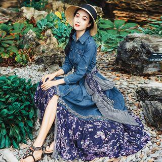 3/4-sleeve Floral Panel A-line Midi Denim Dress