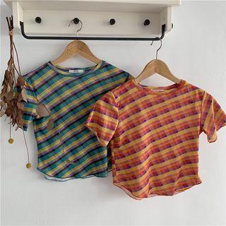 Plaid Short-sleeve Slim-fit Cropped T-shirt