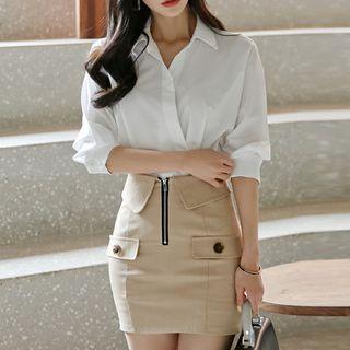 Set: 3/4-sleeve Blouse + Fold-over Pencil Skirt