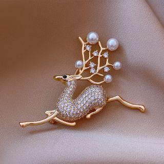 Deer Rhinestone Faux Pearl Brooch 1 Pair - Gold - One Size