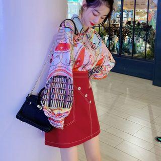 Set: Long-sleeve Printed Blouse + Mini A-line Skirt