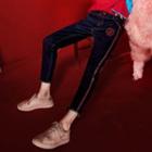 Drawstring Applique Paneled Slim-fit Jeans