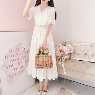 Perforated Elbow Sleeve Midi Dress