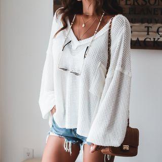 Bell-sleeve V-neck Sheer Top