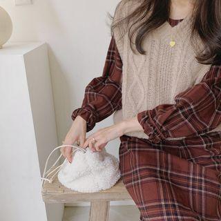 Plaid Long-sleeve Dress / Knit Vest
