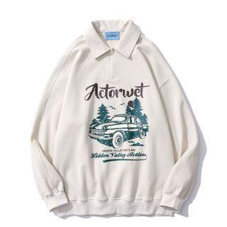 Polo-neck Car Print Sweatshirt