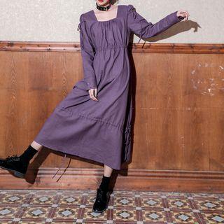 Square-neck Drawstring Long-sleeve A-line Midi Dress