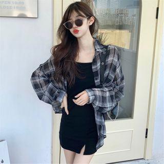 Spaghetti Strap Mini Bodycon Dress / Long-sleeve Plaid Shirt