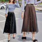 Mesh Pleated Midi A-line Skirt