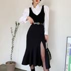 Set: Plain Shirt + Ruffle Hem Midi Overall Dress