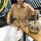 Long-sleeve Slit-side Waist-tied Shirt