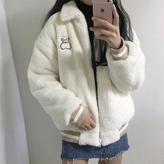 Dog Print Zip Fleece Jacket Padded - Off-white - One Size