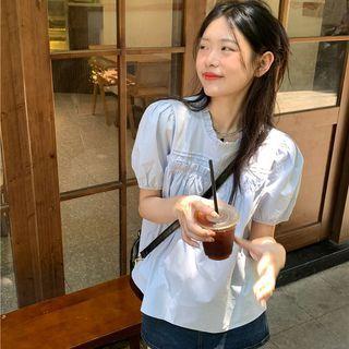 Puff-sleeve Plain Shirt Blue - One Size