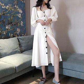 Square-neck Balloon-sleeve Midi Dress