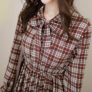 Tie-neck Plaid Midi Dress