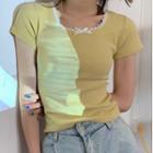 Short Sleeve Lace-trim Bow-detail Knit Top