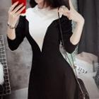 Knit Two-tone Long Sleeve Cold-shoulder Mini A-line Dress Black - One Size