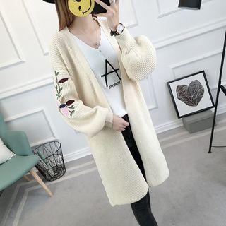 Embroidered Open-front Long Cardigan