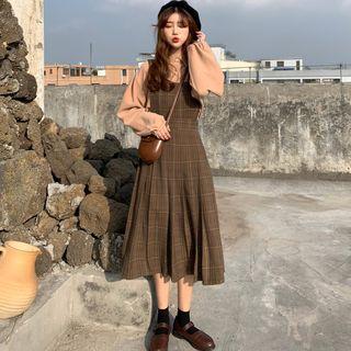 Puff-sleeve Shirt / Plaid Jumper Dress