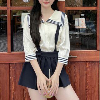 Long-sleeve Wide Collar Blouse / Suspender Shorts