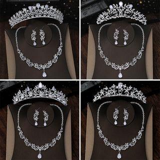Wedding Set: Rhinestone Tiara + Pendant Necklace + Dangle Earring