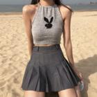 Rabbit Print Knit Halter Top / Pleated A-line Mini Skirt