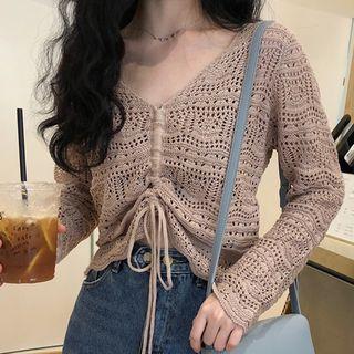 Perforated Drawstring Long-sleeve Knit Top