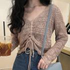Perforated Drawstring Long-sleeve Knit Top