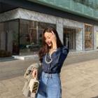 Puff-sleeve Mandarin-collar Denim Shirt
