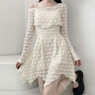 Set : Flower Knit Suspender Asymmetrical Mini Skirt