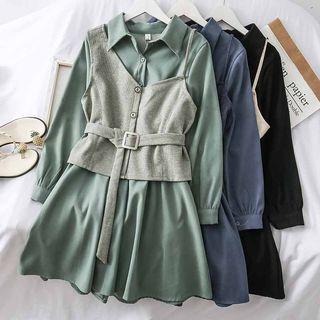 Set: A-line Shirtdress + Vest With Belt