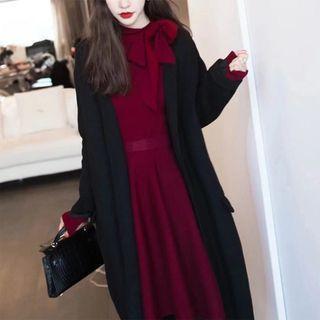 Bow-neck Midi A-line Dress Wine Red - One Size