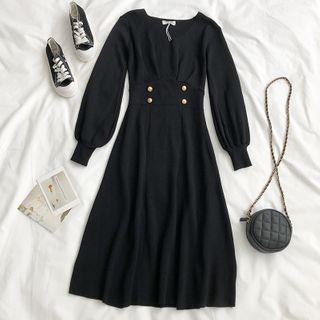 Long-sleeve Knit Midi A-line Dress Black - One Size
