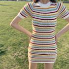 Short-sleeve Striped Mini Sheath Knit Dress