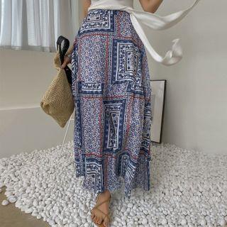 Band-waist Patterned Maxi Skirt Blue - One Size