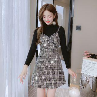 Set: Long-sleeve Mock Neck Top + Sleeveless Tweed A-line Dress