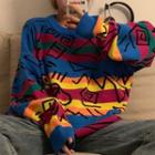 Geometric Print Striped Sweater Multicolor - One Size