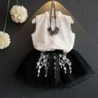 Set Of Two: Single-breasted Sleeveless Plain Blouse + Foral Embroided Panel Mesh Skirt