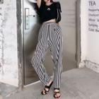 Set: Short Sleeve Print Cropped T-shirt + Striped Wide-leg Pants