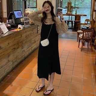 Lantern-sleeve Dotted Mesh Top / Spaghetti Strap Midi Dress