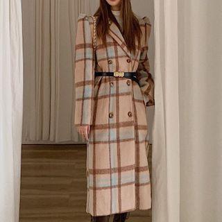 Plaid Double Breasted Coat Plaid - Belt - Khaki - One Size
