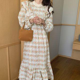 Long-sleeve Ruffled Floral Print Midi A-line Dress Floral - Light Almond - One Size