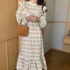 Long-sleeve Ruffled Floral Print Midi A-line Dress Floral - Light Almond - One Size