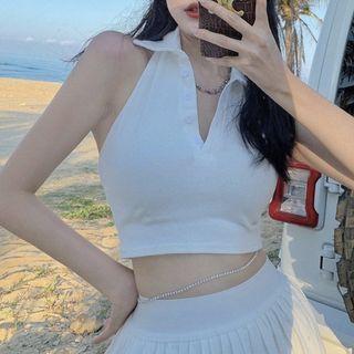 Collar Halter Neck Knit Tank Top