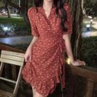 Short-sleeve V-neck Ruffle Trim Floral Mini Dress Tangerine Red - One Size