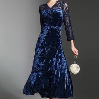 Velvet Lace Panel 3/4 Sleeve Midi Dress