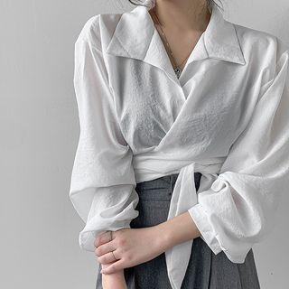 Bishop-sleeve Collared Wrap Crop Top