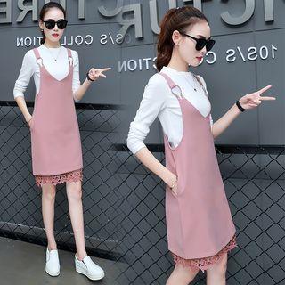 Set: Long-sleeve T-shirt + Lace Hem Pinafore Dress