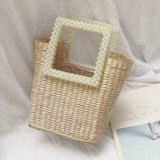 Faux Pearl Square Handle Woven Handbag Khaki - One Size