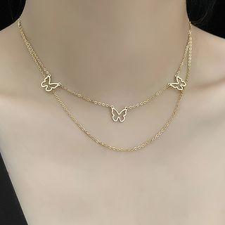 Stainless Steel Butterfly Layered Necklace Gold - One Size
